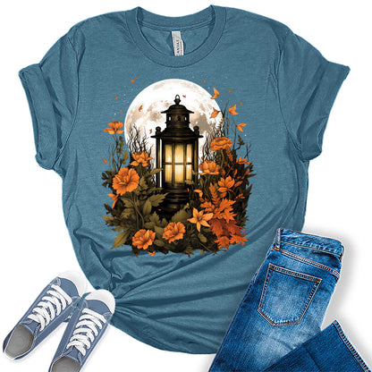 Fall Lantern Shirt Halloween Graphic Tees Short Sleeve Plus Size Tops For Women