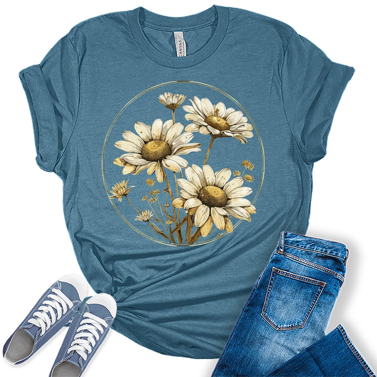 Women's Vintage Floral Daisy T Shirt Boho Wildflower Graphic Loose Tees Short Sleeve Casual Tops