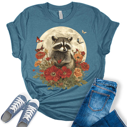 Womens Raccoon Fall Floral Moon Butterflies Graphic Tees