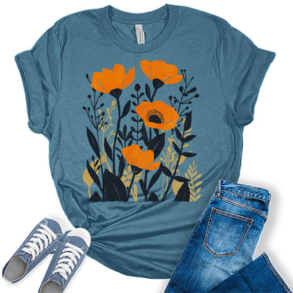 Boho Shirt Wildflower Vintage Graphic Tees for Womenpring Short Sleeve Plus Size Tops