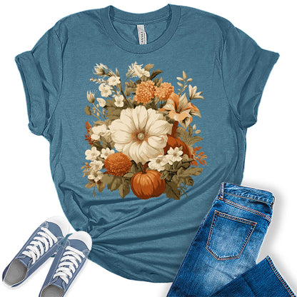 Women's Fall Floral Pumpkin Autumn Trendy Thanksgiving Graphic Tees