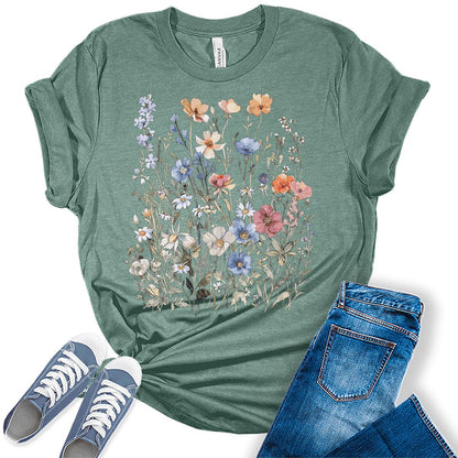 Women's Vintage Floral T Shirt Boho Wildflower Graphic Short Sleeve Tops