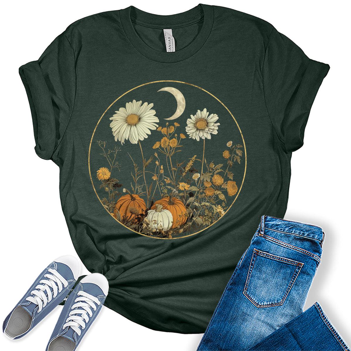 Fall Floral Pumpkin Shirt Halloween Graphic Tees Short Sleeve Plus Size Tops For Women