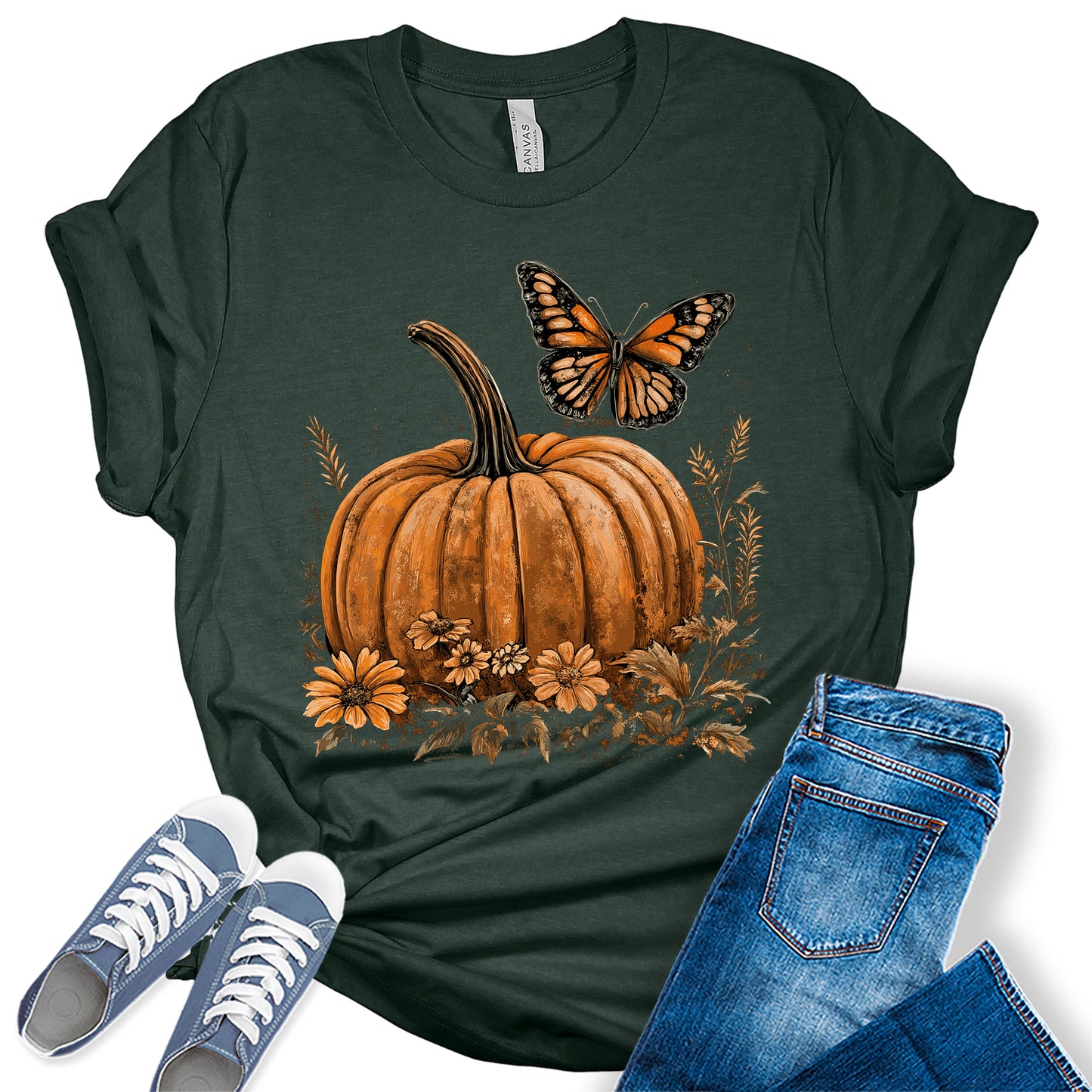 Womens Fall Pumpkin Butterfly Thanksgiving Graphic Tees