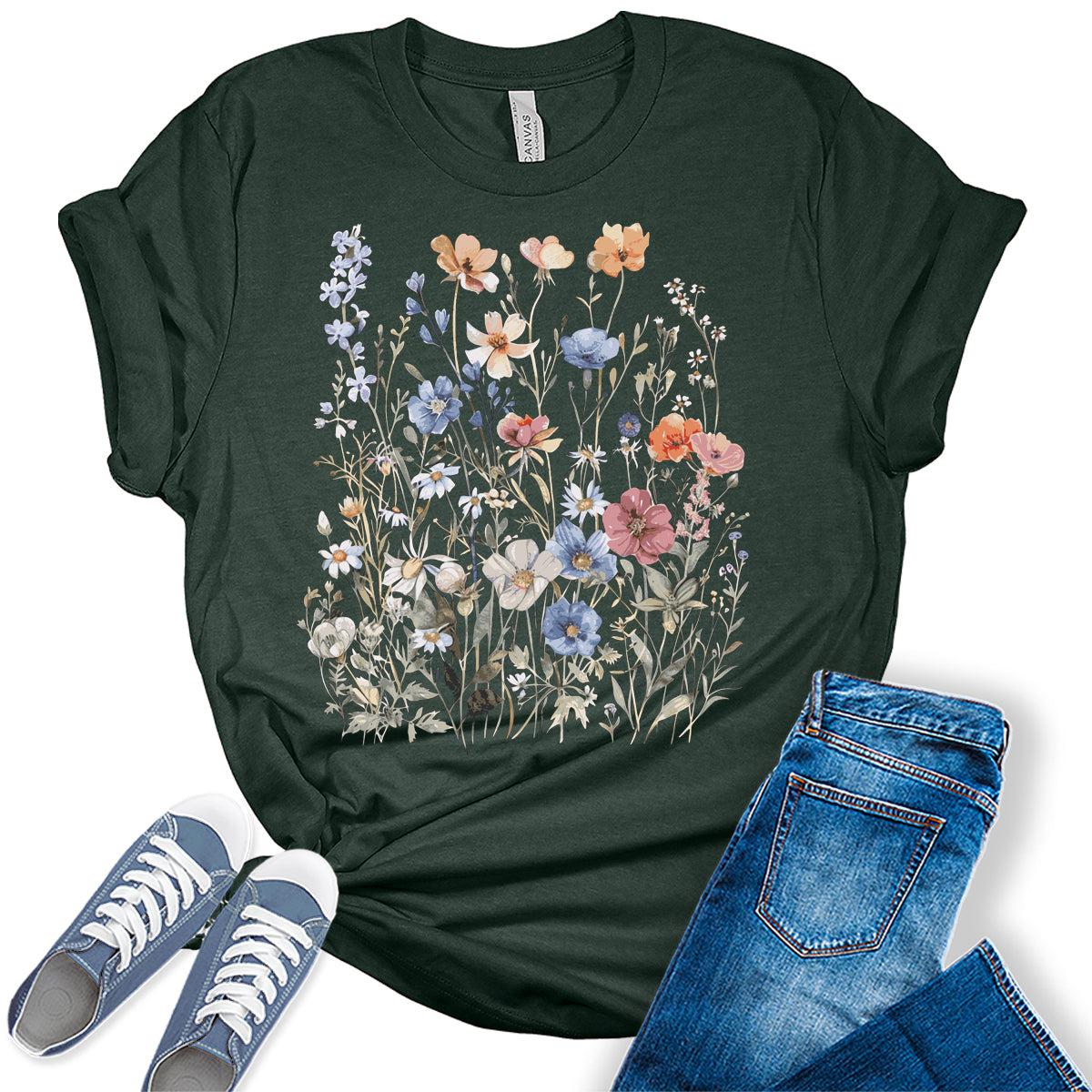 Women's Vintage Floral T Shirt Boho Wildflower Graphic Short Sleeve Tops