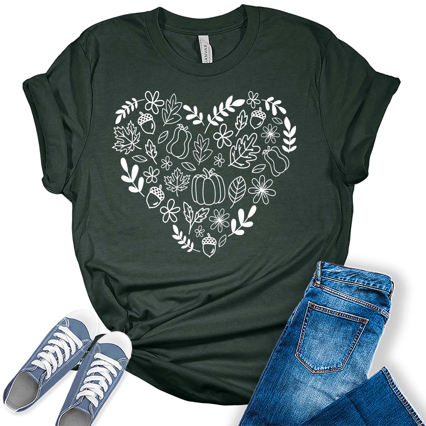 Fall Heart T-Shirt for Women Family Halloween Thanksgiving Tops Cute Autumn Pumpkin Graphic Tees