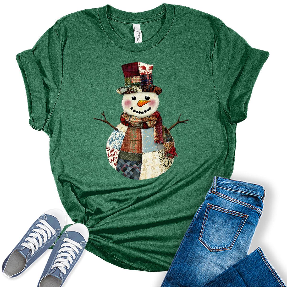 Women's Patch Work Snowman Christmas Graphic Tees