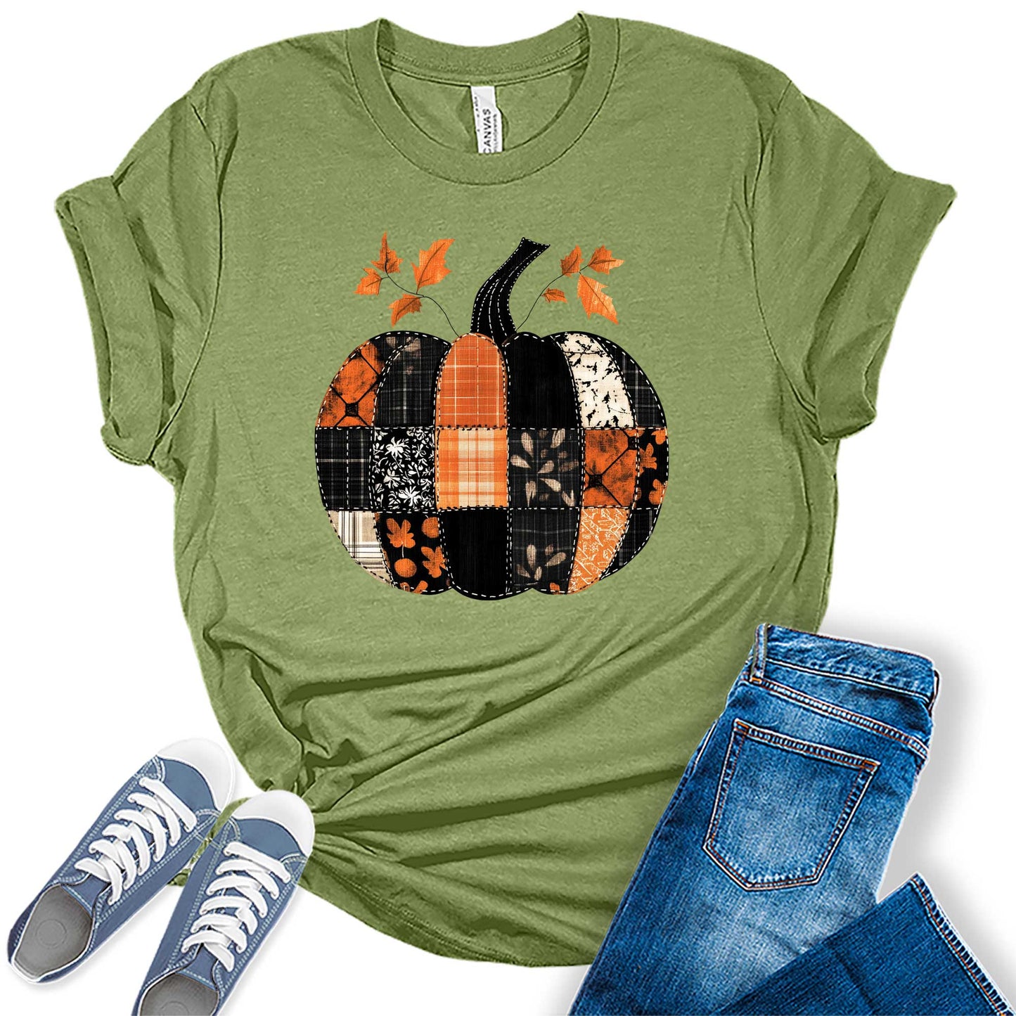 Women's Buffalo Plaid Patched Pumpkin Fall Graphic Tees