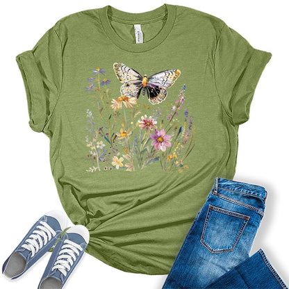 Women's Vintage Floral T Shirt Boho Wildflower Butterfly Graphic Plus Size Bella Tees Short Sleeve Casual Tops