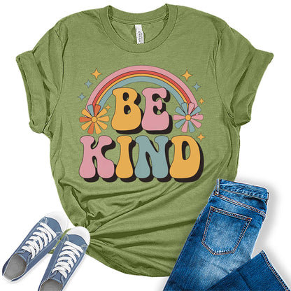 Womens Be Kind Floral Vintage Retro Rainbow Trendy Graphic Tees