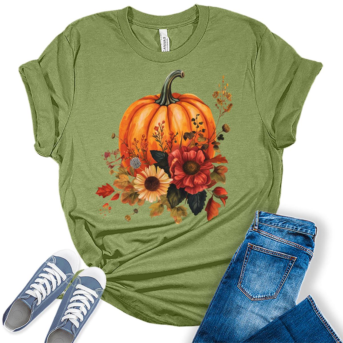 Trendy Fall Pumpkin Flower Graphic Tees For Women