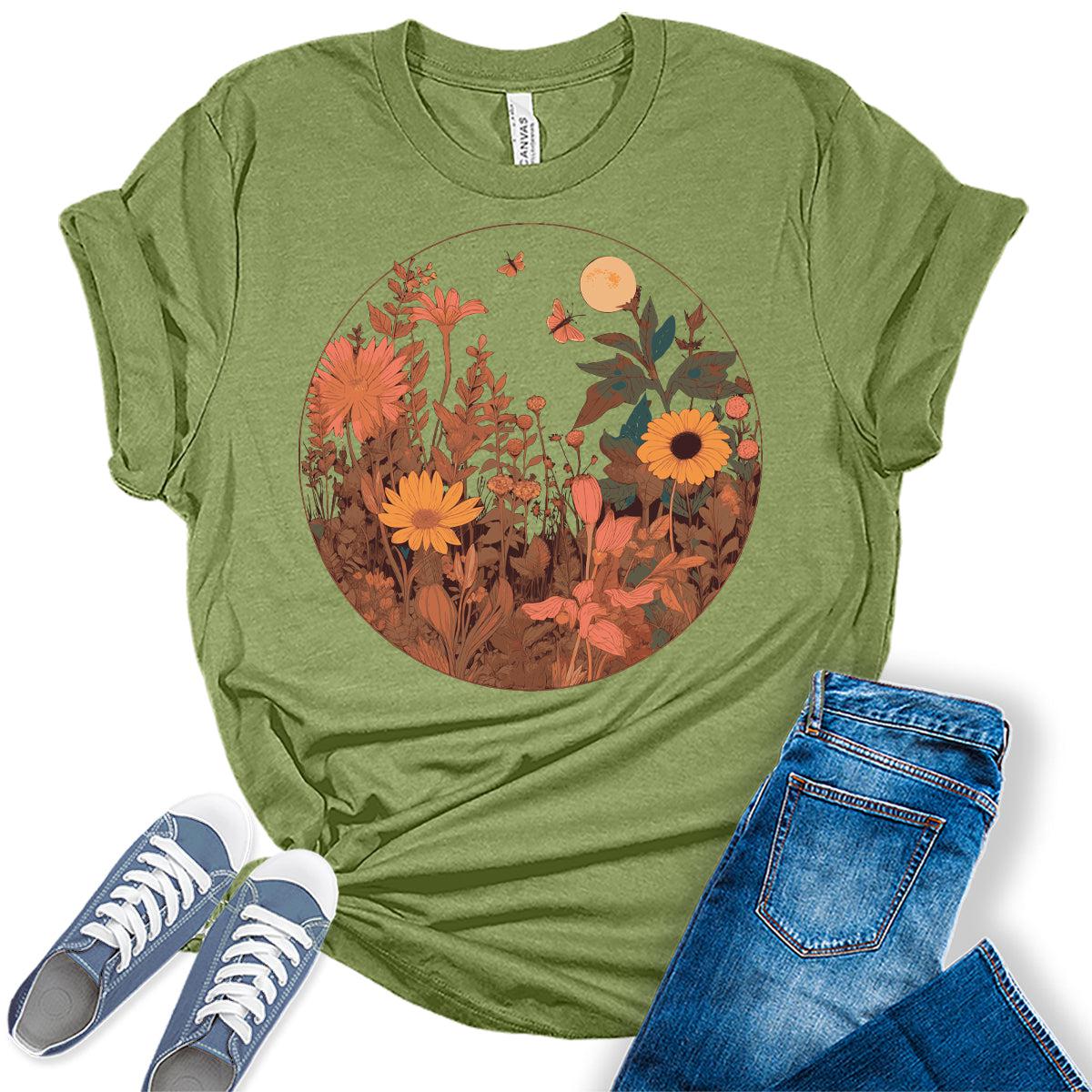 Womens Floral Shirts Trendy Wildflower Vintage Graphic Tees Casual Cottagecore Short Sleeve T Shirts