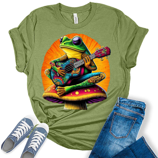 Womens Trippy Groovy Frog Playing Guitar Psychedelic Trendy Graphic Tees