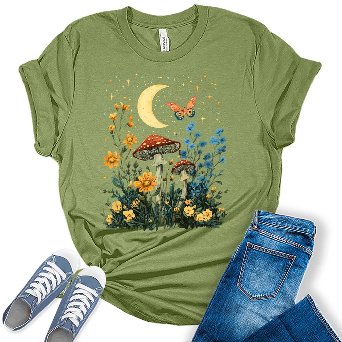 Womens Floral Shirts Wildflower Mushroom Graphic Tees Spring Butterfly Short Sleeve Cottagecore T Shirts Bella Summer Tops