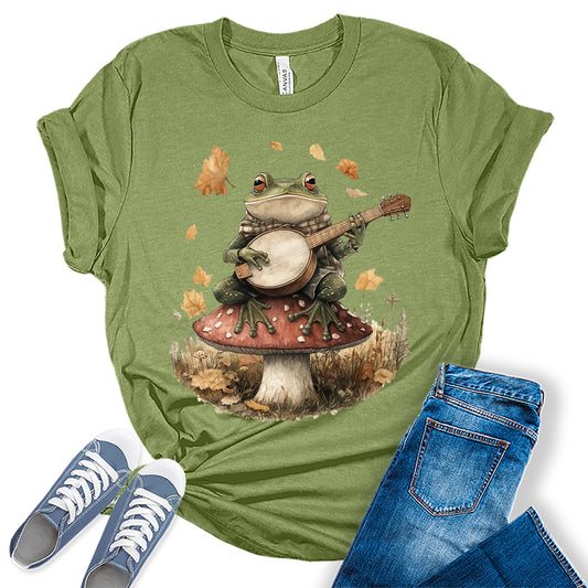 GyftWear Womens Frog Playing Banjo T-Shirt Fall Trendy Cottagecore Short Sleeve Graphic Tees