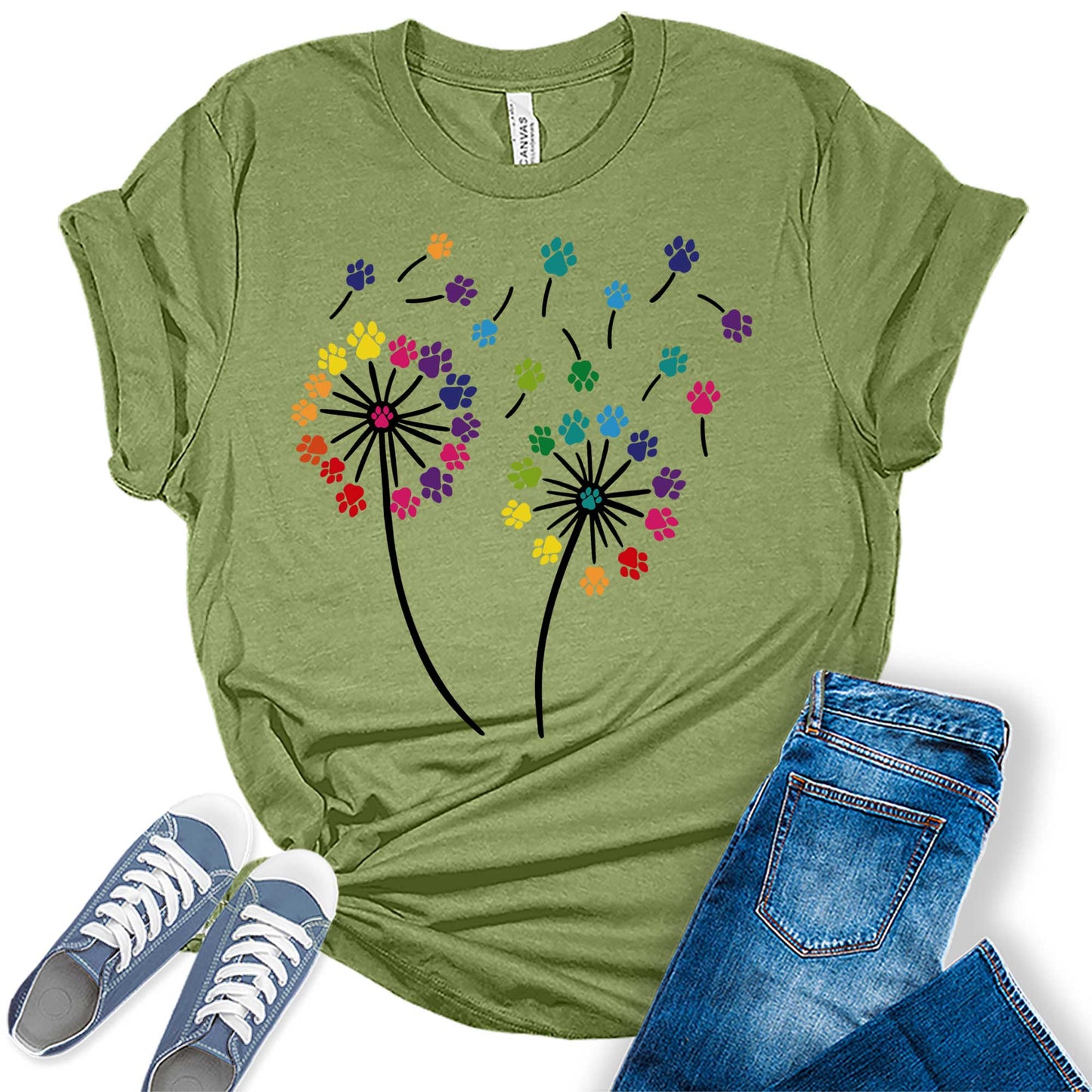 Women's Dandelion Graphic T-Shirts Loose Fit Cute Flower Paw Print Casual Tee Tops