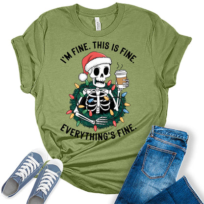 Women's Its Fine This Is Fine Christmas Skeleton Graphic Tees