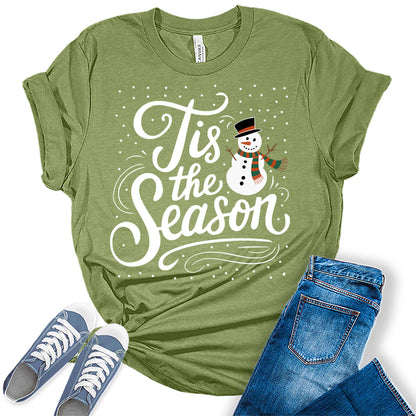 Women's Tis The Season Christmas Snowman Graphic Tees