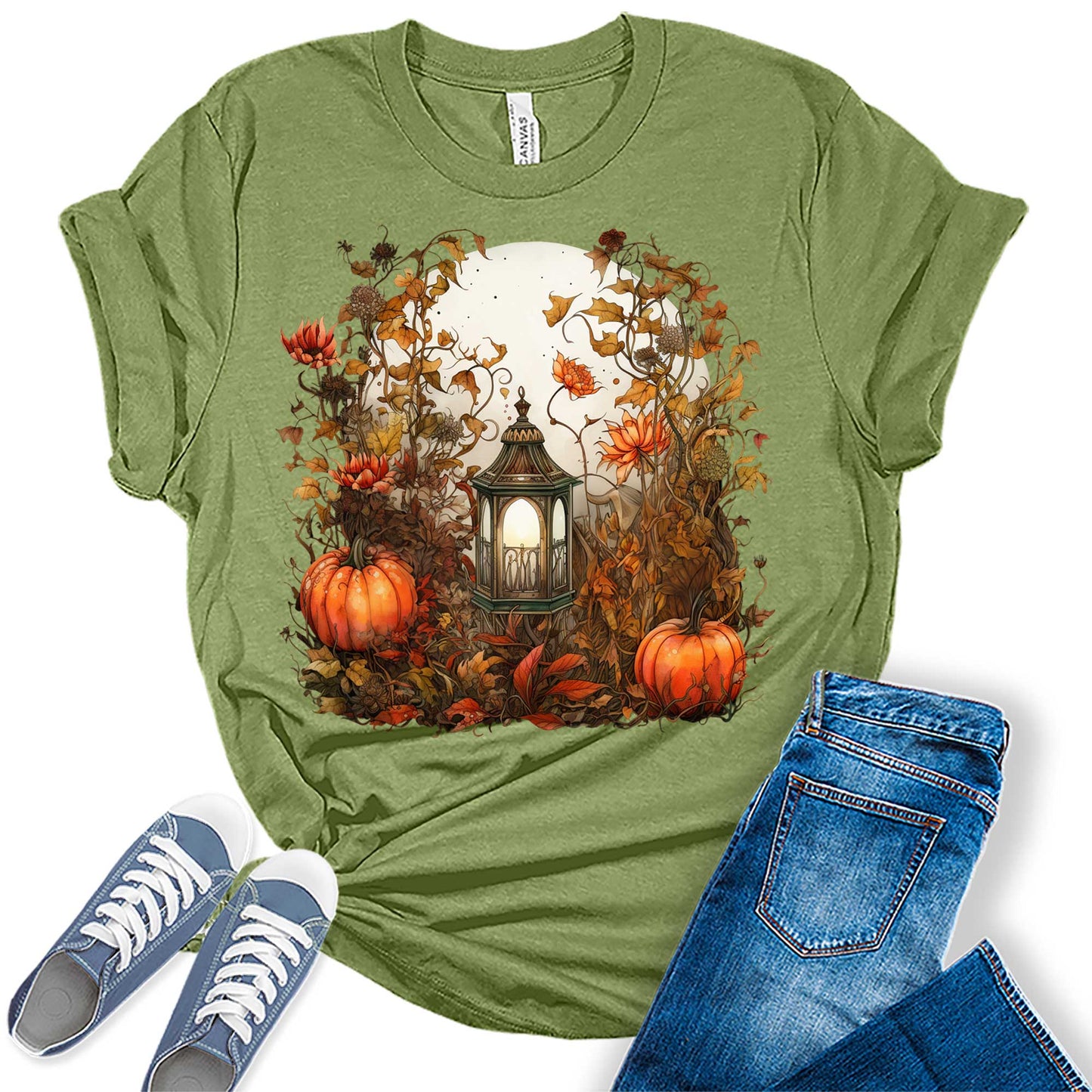 Moon Lantern Fall Floral Pumpkin Graphic Tees for Women