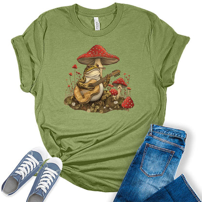 Women's Frog Mushroom T Shirt Cottagecore Bella Graphic Short Sleeve Casual Plus Size Tops