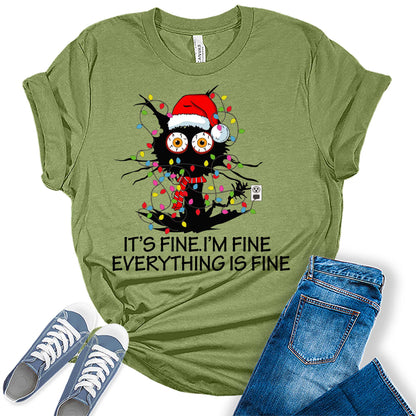 Women's Funny Christmas Shirt It's Fine I'm Fine Everything is Fine T Shirt Christmas Cat Holiday Graphic Tees