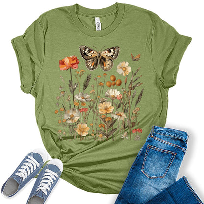 Women's Fall Vintage Floral T Shirt Boho Wildflower Teen Graphic Tees Short Sleeve Casual Tops