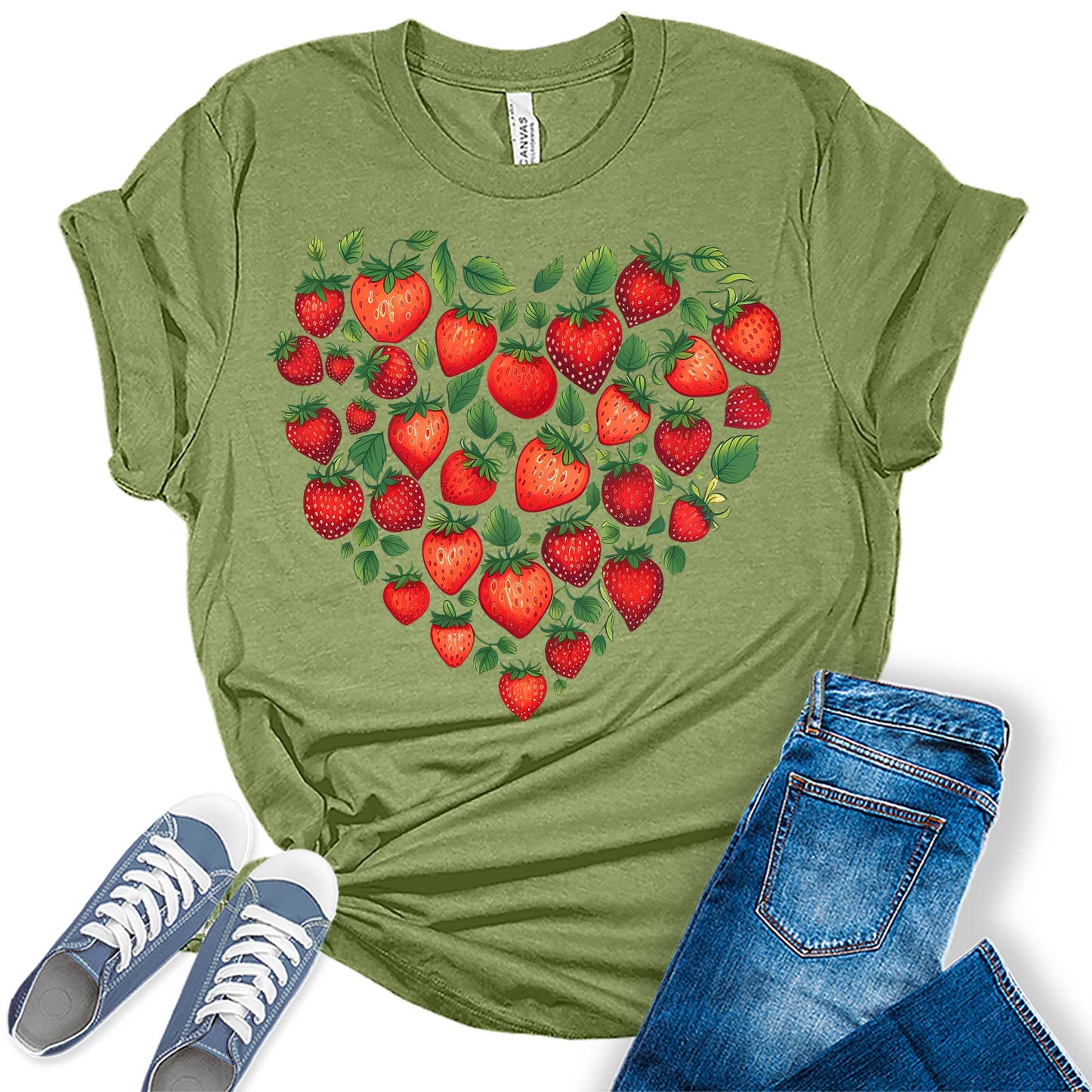 Trendy Strawberry Heart Graphic Tees For Women