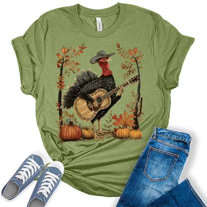 Turkey Playing Guitar Shirt Women Thanksgiving Graphic Tees