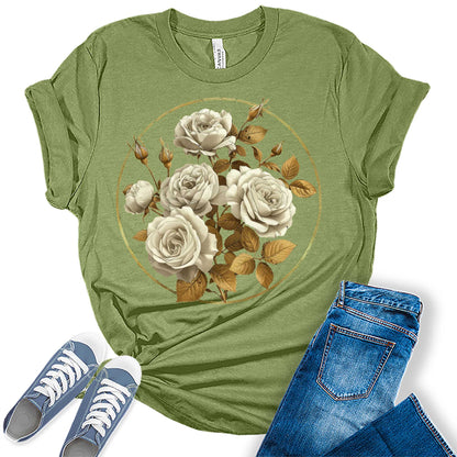 Vintage Roses Floral Circle Graphic Tees for Women