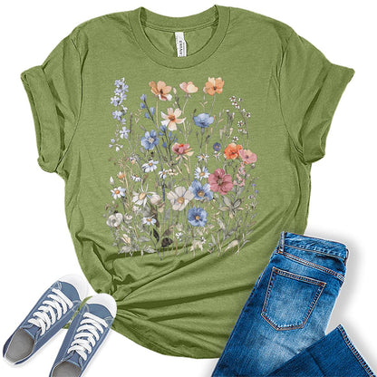 Women's Vintage Floral T Shirt Boho Wildflower Graphic Short Sleeve Tops