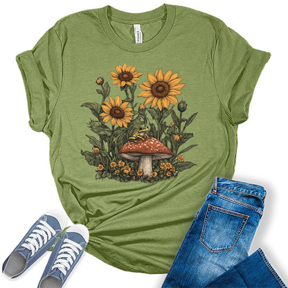 Women's Sunflower Frog Summer Shirts Cottagecore Cute Trendy Casual Graphic Tees Bella Plus Sized Tops