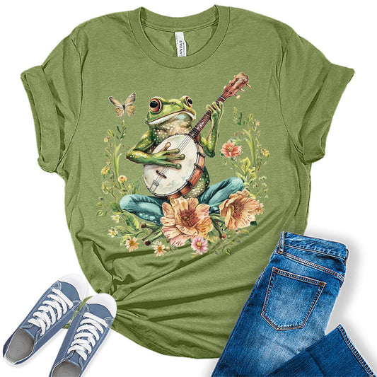 Cottagecore Aesthetic Frog With Banjo Womens Graphic Tees