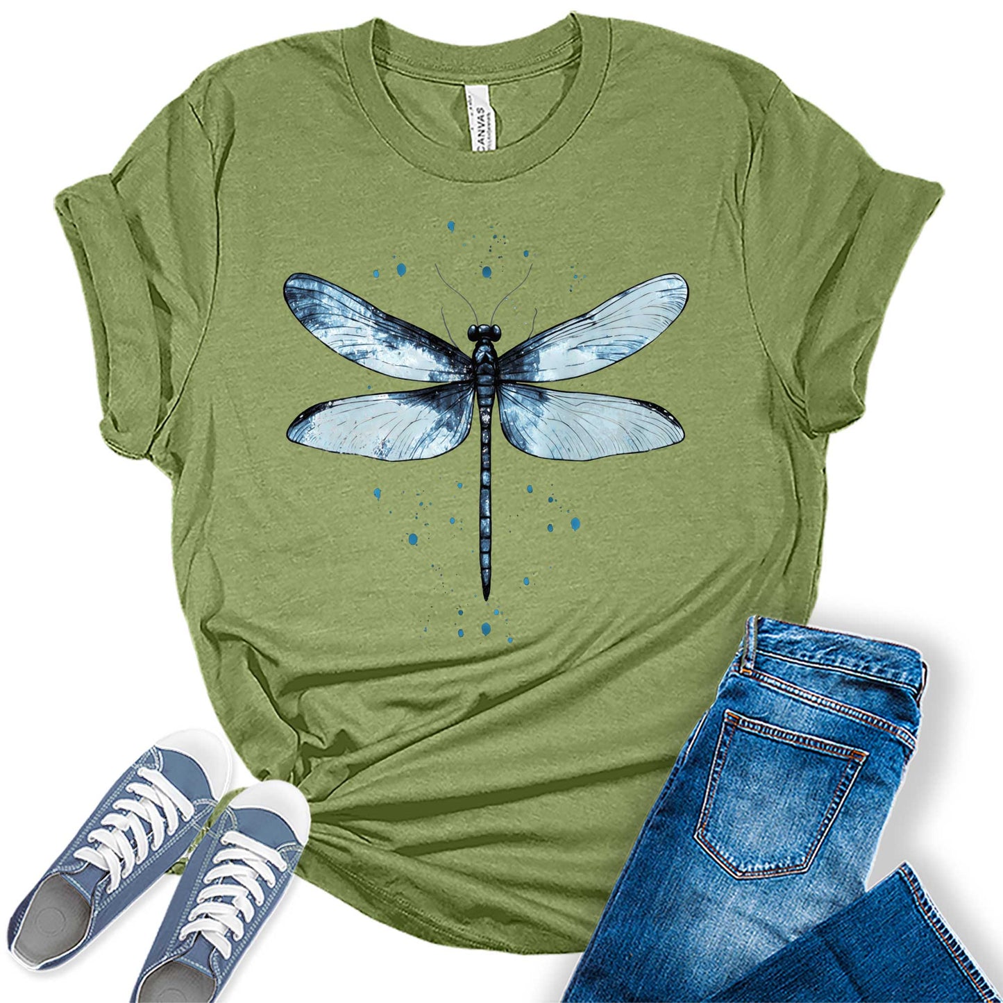 Women's Graphic Tees Casual Summer Vintage Dragonfly Printed Short Sleeve Cute T Shirts Tops