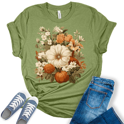 Women's Fall Floral Pumpkin Autumn Trendy Thanksgiving Graphic Tees