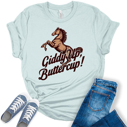 Western Outfit For Women Cowgirl Shirts Rodeo Giddy Up Buttercup Graphic Tees Bella Plus Sized Tops