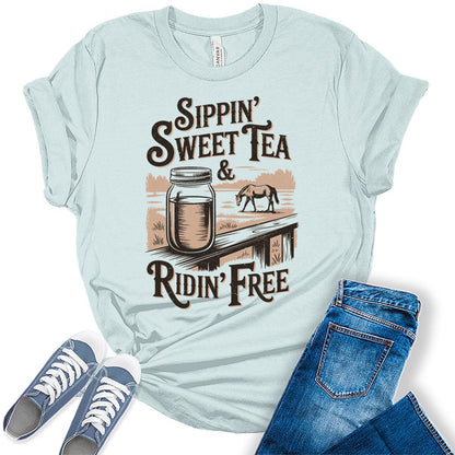 Western Outfit For Women Cowgirl Shirts Rodeo Sweet Tea Graphic Tees Bella Plus Sized Tops