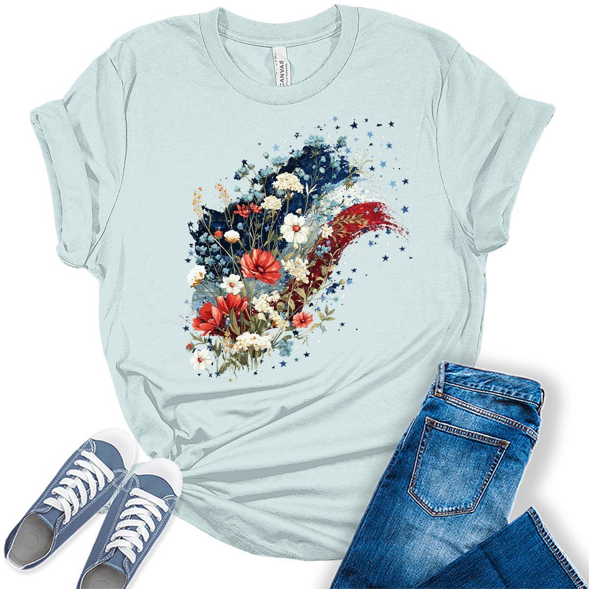 4th of July Shirts For Women Patriotic Graphic Tees Floral Flag Bella Plus Sized Tops
