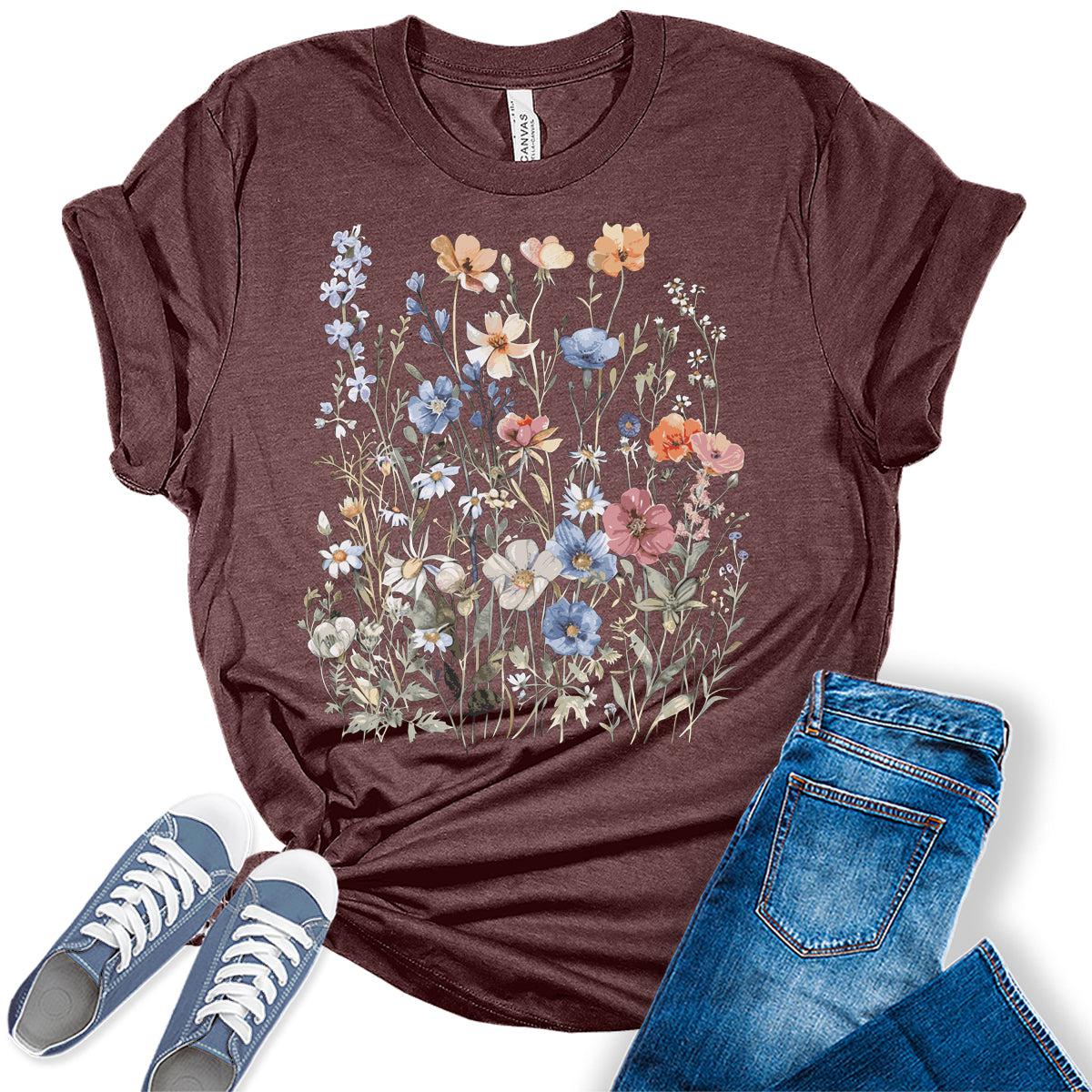 Women's Vintage Floral T Shirt Boho Wildflower Graphic Short Sleeve Tops