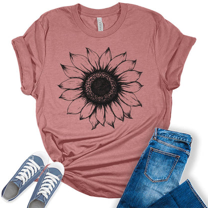 Women's Sunflower T Shirts Short Sleeve Tees Graphic Loose Summer Tops