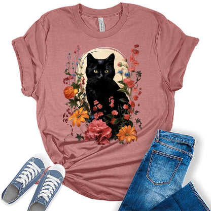Womens Cat Shirts Wildflower Vintage Spring Graphic Tees Spring Cottagecore T Shirts Bella Summer Tops