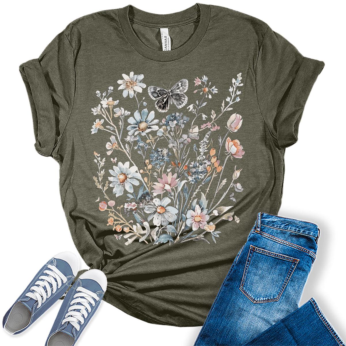 Women's Vintage Wildflower Graphic Short Sleeve Casual Trendy Shirts