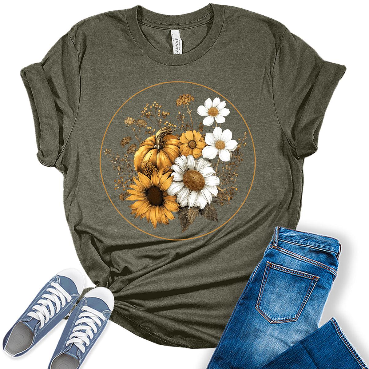 Women's Fall Vintage Pumpkin T Shirt Floral Graphic Tees Plus Size Tops