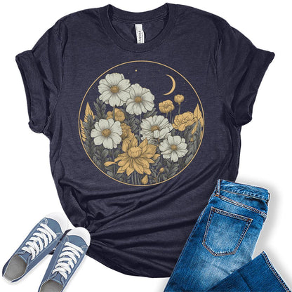 Floral Shirts Womens Graphic Tees Wildflower Vintage Moon Spring Cottagecore T Shirts Bella Summer Tops
