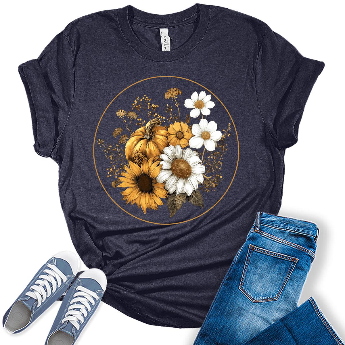 Women's Fall Vintage Pumpkin T Shirt Floral Graphic Tees Plus Size Tops