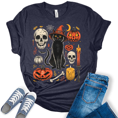 Scary Halloween Witch Cat Pumpkin Graphic Tees For Women