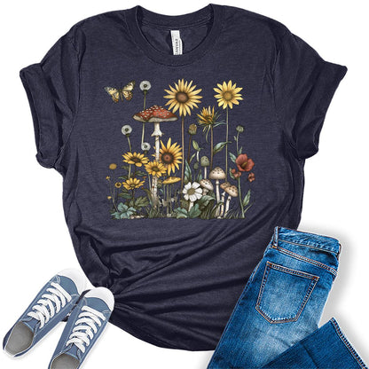 Sunflower Shirts Mushroom Cottagecore Aesthetic Womens Graphic Tees