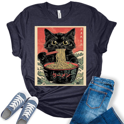 Cat Ramen Japanese Funny Graphic Tees Kawaii Cat Anime Gifts Women's T-Shirt