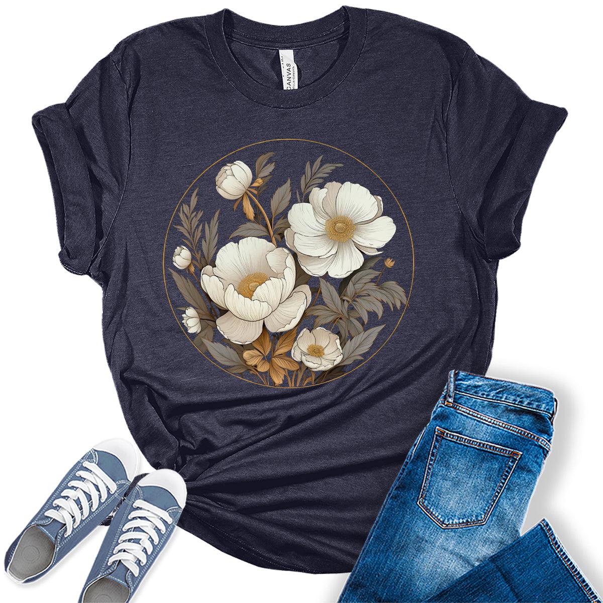 Women's Vintage Flowers Shirt Casual Boho Floral Printed T-Shirt Sunflower Wildflowers Graphic Tees Tops for Girl