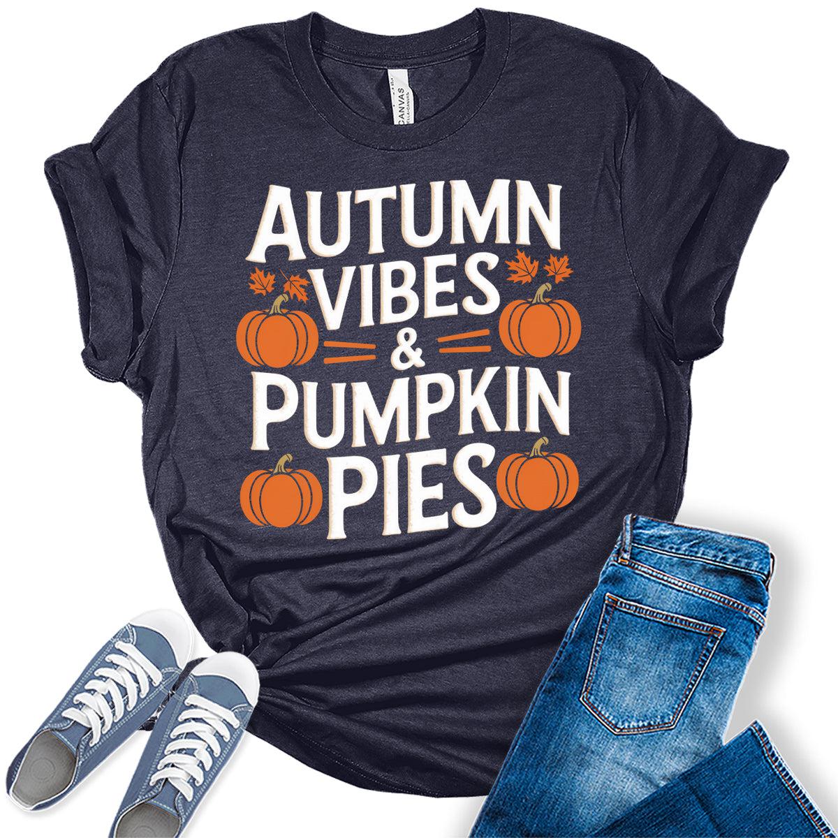 Women's Autumn Vibes Pumpkin Shirt Vintage Thanksgiving Graphic Tees Fall Tops