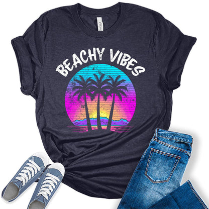 Beachy Vibes Shirt Retro Palm Tree Letter Print T Shirtsummer Graphic Tees for Women